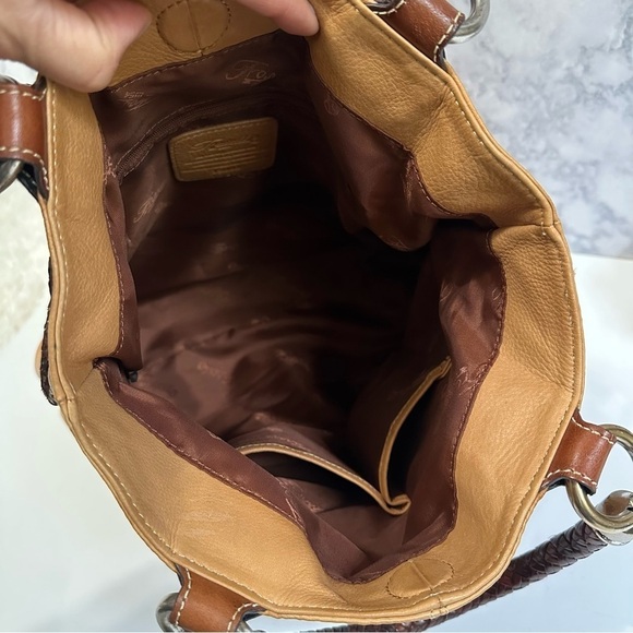 Fossil tan butterscotch leather southwestern brown braided tote shoulder handbag - Picture 7 of 11